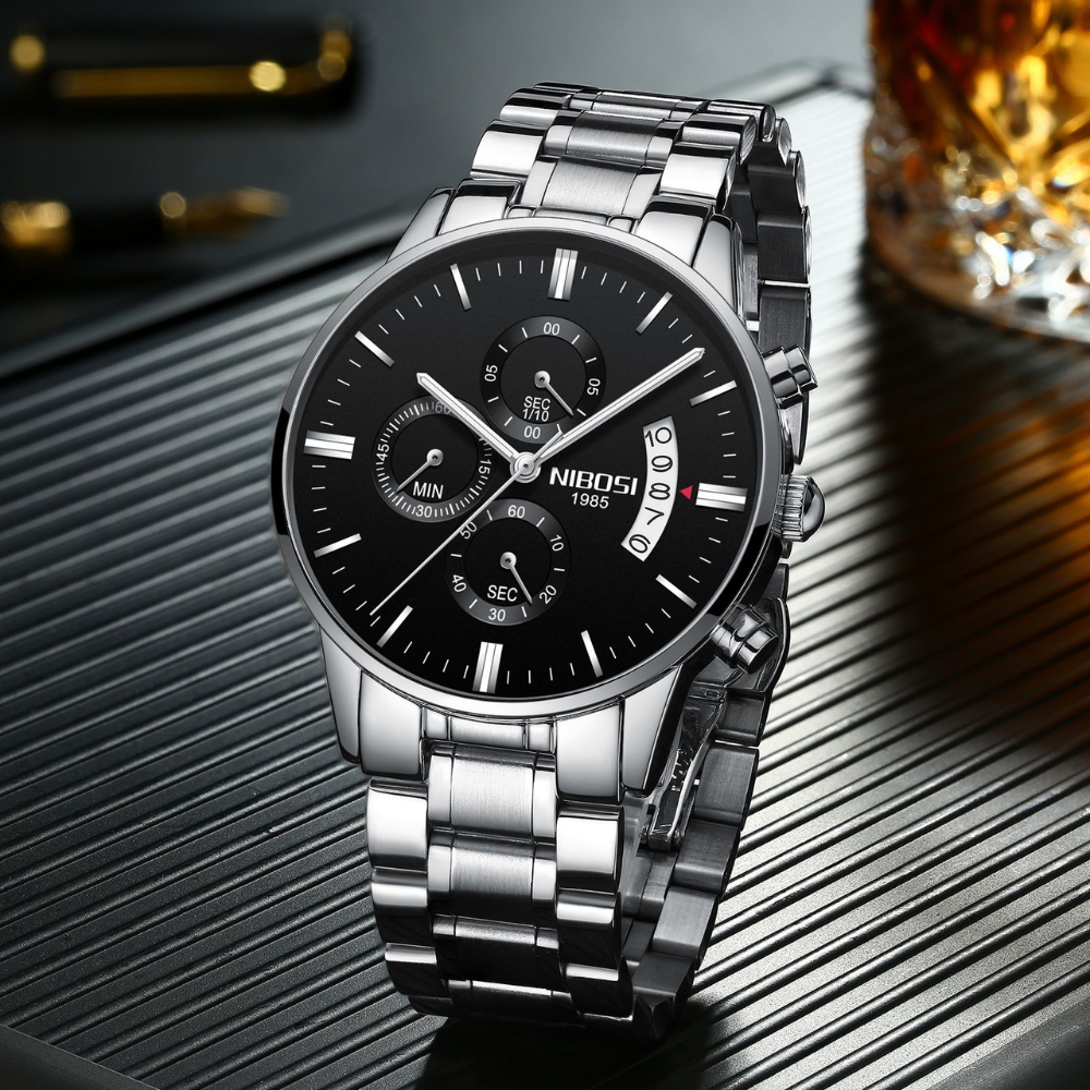 Nibosi PR Men's Watch - Silver Black