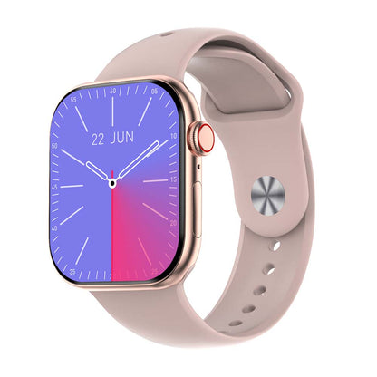 A digital smart watch with a black band and a display showing time in a colorful digital interface.